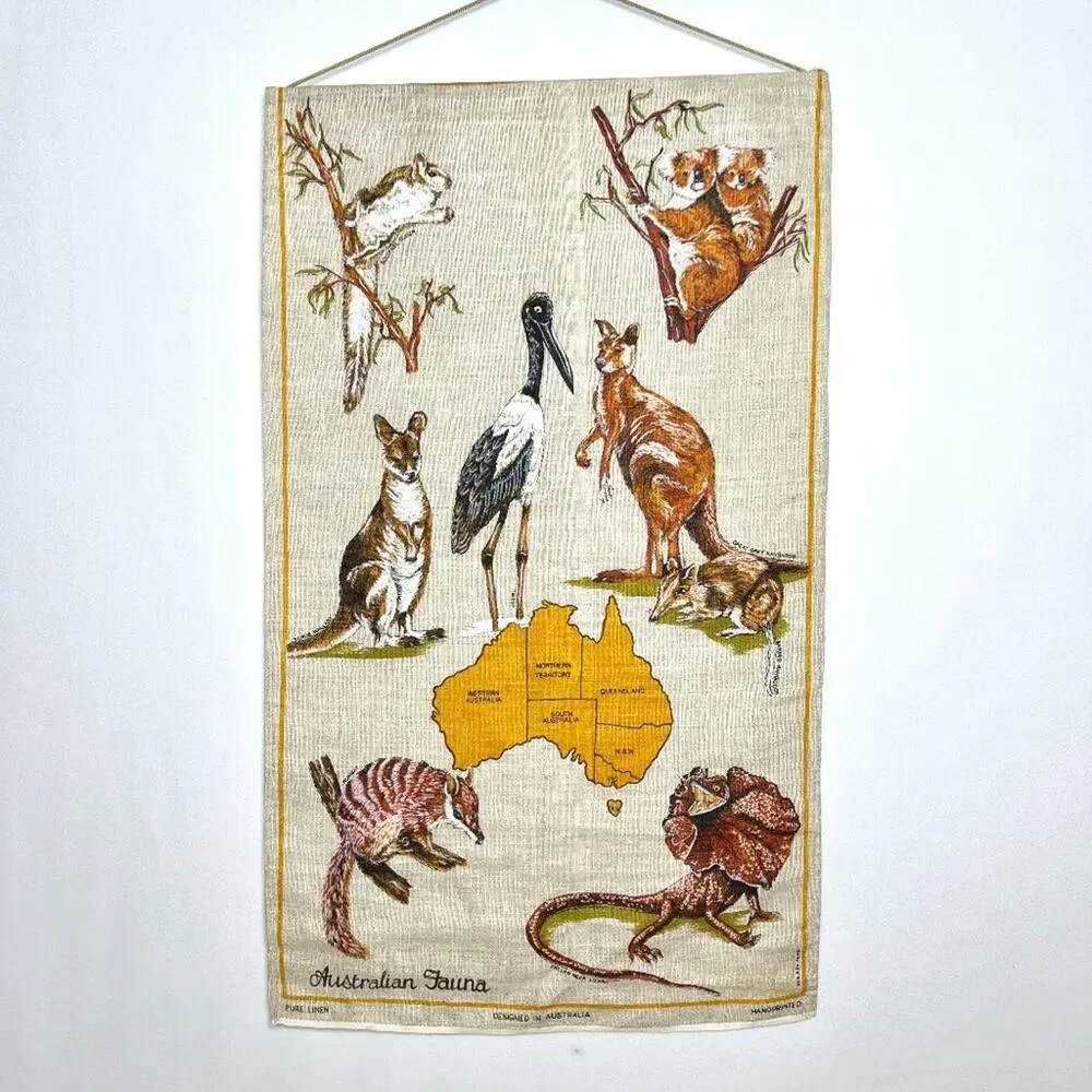 Vintage Hand Printed Pure Linen Australian Fauna Hanging Art